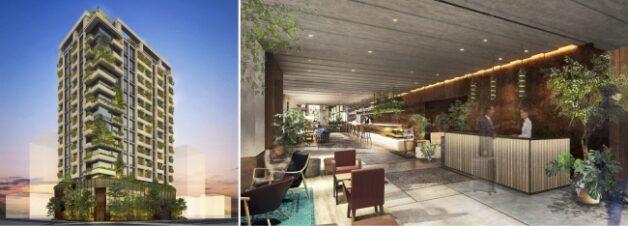 2019年2月に開業予定のHAMACHO HOTELでは、フロントとレストラン、ラウンジ空間がシームレスに緩やかに繋がった空間。