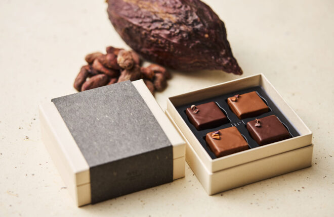 nel CRAFT CHOCOLATE TOKYO の2026 年バレンタイン (カカオニブを主役にしたプラリネを、ミルクとビター 2 種類の チョコレートでコーティングした 2 種アソート「プラリネカカオコレクション」)